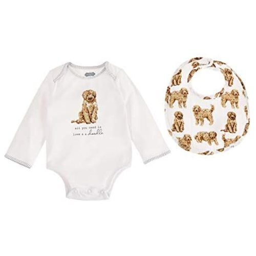 Mud Pie Dog Print Baby Crawler and Bib 2-Piece, Doodle, 0-6 Month