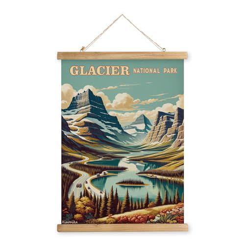XIAOAIKA Vintage Glacier National Park Travel Poster with Wooden Scroll Frame – Holiday Decoration or Gift for Living Room, Bedroom, Office Wall Decor, Retro Art Print 16 x 23 Inches