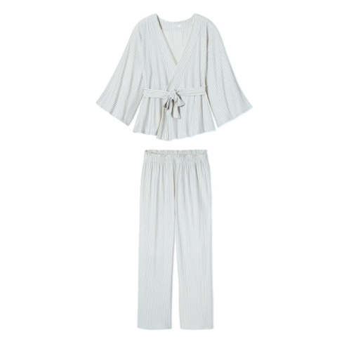 DreamModal Kimono Pajama Set in Dusty Blue Wide Stripd — L
