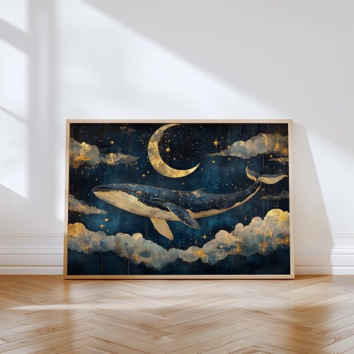 Maximalist Whale Wall Art Poster Print Celestial Blue Whale Wall Decor Crescent Moon Clouds Dark Blue Whale Lover Home Decor Matte Poster