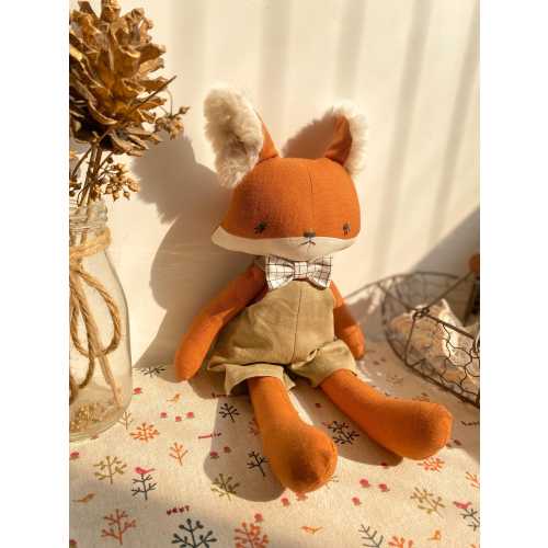 Stuffed Fox Toy - Linen Plush Fox with Furry Ears Outfit - Handmade Animal Doll for Kids - Soft Woodland Gift - Cuddly Toy Decor - Rag doll