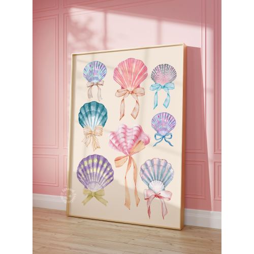 seashell print soft girl coquette beach house Coastal cowgirl print, bow art, seashell poster preppy dorm decor apartment wall art UNFRAMED