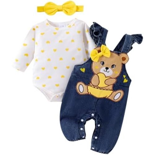 Baby Girl Clothes Outfits Fall Winter Cute Love Romper Bear Cartoon Overalls Jeans Pants Headband Set 0-18 Months