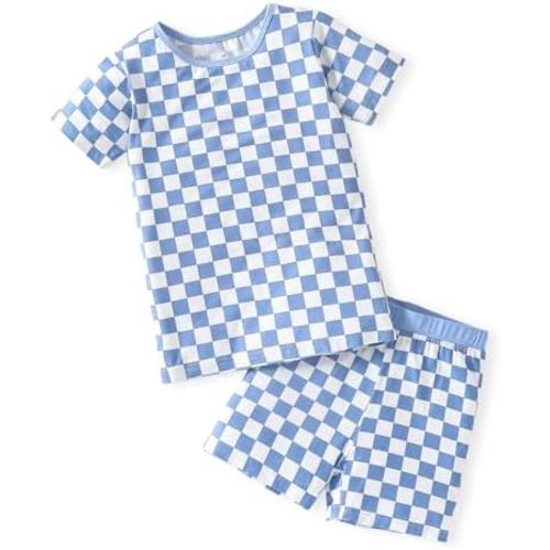 OPAWO Bamboo Pajamas Toddler Boy Clothes Checkered Tee and Shorts 2 Piece Summer Bamboo Baby Pajamas Sleepwear Pjs Set 12M-5T
