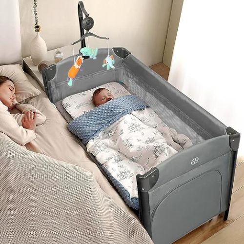 JOYMOR Baby Bedside Sleeper, Extra Large Bed Side Bassinet, Pack n Play Convert Playpen, Quick Foldable Travel Bassinet Bed, with Toy, Wheels & Brake, Carry Bag for Boys Girls - Grey