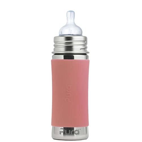 Pura Kiki 9oz/275ml Stainless Steel Infant Bottle w/Sleeve, Anti-Colic, 100% Plastic-Free, MadeSafe Certified, Medical-Grade Silicone, Medium-Flow Nipple, for Babies 3 Months & Up (Rose)