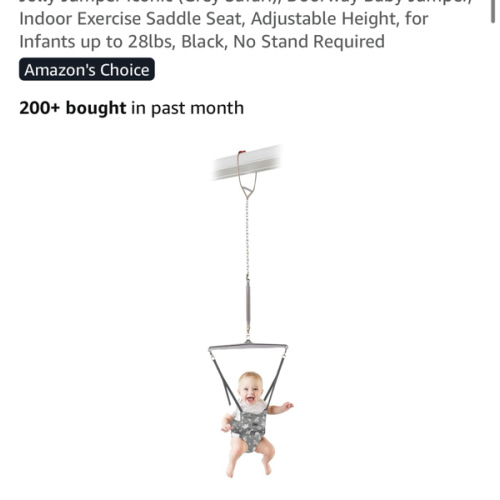 Jolly Jumper Iconic (Grey Safari), Doorway Baby Jumper, Indoor Exercise Saddle Seat, Adjustable Height, for Infants up to 28lbs, Black, No Stand Required