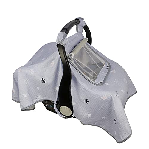 ICOPUCA Car seat Covers for Babies, Kick-Proof carseat Cover boy Girls, carseat Canopy with Window, Light Weight Muslin, fit Summer/Autumn/Spring, Neutral, Grey Crown;