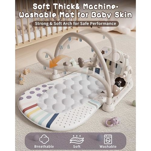 Baby Gym Play Mat with Detachable Musical Piano, Light Up Activity Center with 4 Rattles & Glowing Night Light, Educational Sensory Toys for Newborns 0-12 Months