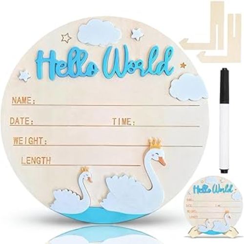 Baby Announcement Sign,Personalized Wooden 5.9inch Hello World Newborn Sign,Birth Name Announcement,3D Pattern,Boys And Girls Gift,Hospital Nursery For Baby (Swan blue)