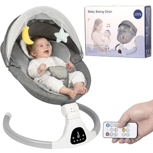 JFOVMCYG Electric Baby Swing for Infants 0-9 Months, Portable Infant Swing with 5 Swing Speeds, Bluetooth Audio, Remote Control, Washable Seat Cover, Gray, Up to 20 lbs