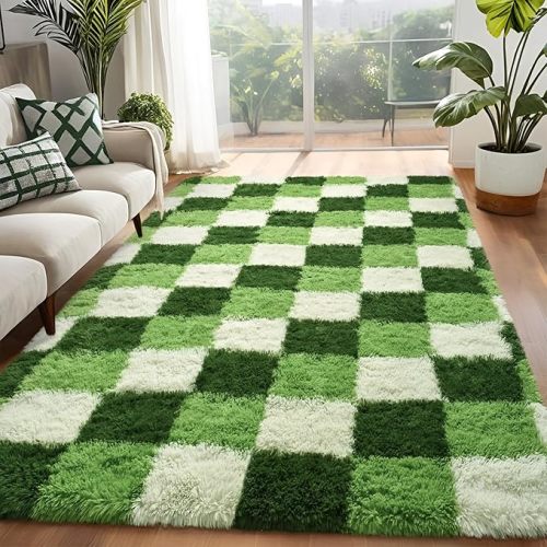 Fluffy Deep Green White Rugs for Bedroom, 4x6 Feet Checkered Rug for Living Room, Cute Shag Carpet for Kids Girls Room Nursery, Soft Shaggy Modern Indoor Carpets for Home Decor