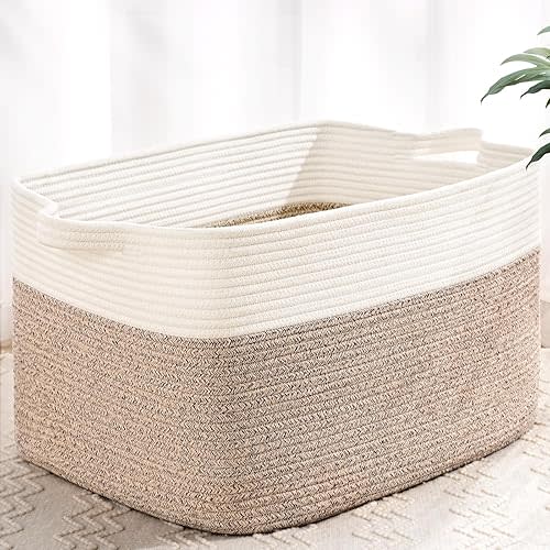 Large Blanket Basket, 100 L Rectangle Storage Baskets for Organizing, Woven Laundry Basket for Blankets, Cotton rope Blanket Storage for Living Room, Nursery Room, Brown