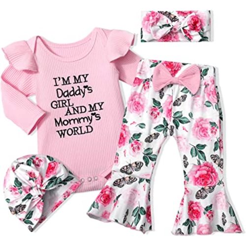 Baby Girl Clothes,4pcs Infant Newborn Girl Outfits Ruffle Romper Baby Bell Bottoms Headband Bandana Clothes Sets Gifts