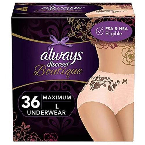 Always Discreet Boutique Incontinence & Postpartum Incontinence Underwear for Women, Large, 36 Count, FSA HSA Eligible, Maximum Protection, Disposable (18 Count, Pack of 2 - 36 Count Total)