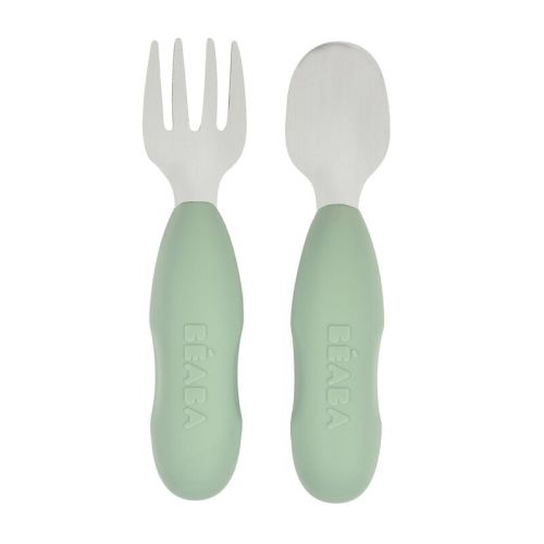 Set of 2 stainless steel pre-cutlery Sage Green | BEABA | USA