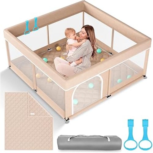 Omzer Baby Playpen with Mat 50x50inch: Large Playpen for Babies and Toddlers Indoor Safety Play Pen with Soft Breathable Mesh - All-Wrapped Sponge Sturdy Play Yard with Stable Mat Magic Sticker Beige