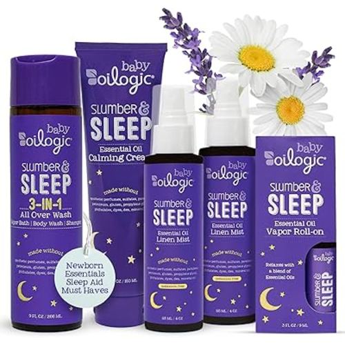Oilogic Slumber & Sleep Bath Baby Essentials Gift Set - Includes All Over Wash, Calming Cream, Sleep Spray & Roll-On Essential Oils - Pediatrician-Tested Sleep, Comfort & Wellness Blends for Babies