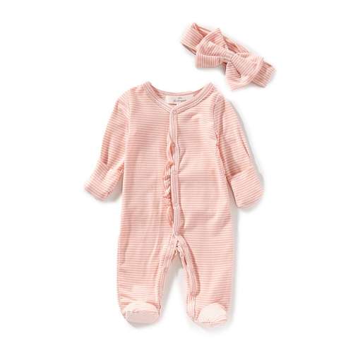Starting Out Baby Girls Preemie-9 Months Stripe Long Sleeve Ruffle Footie Coverall & Matching Bow Headband Set
