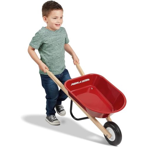 Radio Flyer Classic Kids Wheelbarrow, For Kids 3+, Seamless Steel Tray with No-Scratch Edges, Real Wooden Handles, Durable Front Wheel, Steel Undercarriage, 25 lb Capacity, Garden Toy for Children