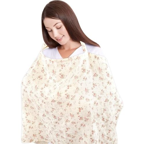 Nursing Covers for Breastfeeding, Muslin Cotton Privacy Nursing Cover with Rigid Hoop, Easy Viewing, Breathable & Soft, Multi-Use Breastfeeding Cover for Summer, Floral