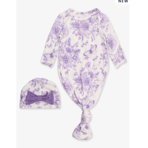 Wisteria Purple Butterfly Garden Toile Ruffle Knotted Sleep Gown & Hat Set