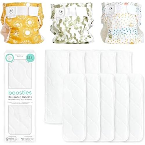 Honest Hybrid Cloth Diaper Cover + Super Boosties Reusable Inserts, Large (22-40 lbs), Cotton Muslin Honest Covers Feature Pocket-Sling, 3 Pack, Boosties Inserts 10 Count