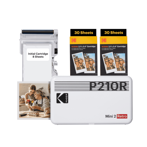 KODAK Mini 2 Retro 4PASS Portable Photo Printer (2.1x3.4 inches) + 68 Sheets Bundle, White
