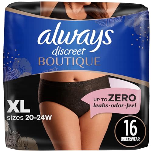 Always Discreet Boutique Incontinence and Postpartum Underwear for Women, Maximum Protection, XL, Black, 16 Count