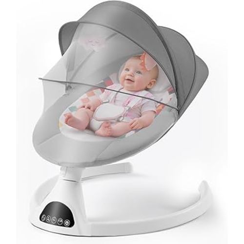 Soobaby Baby Swing for Infants,Electric Swing for Babies,Portable Swing for Baby Boy Girl,Remote Control Indoor Baby Rocker with 5 Sway Speeds,Music and Bluetooth,Bright Gray