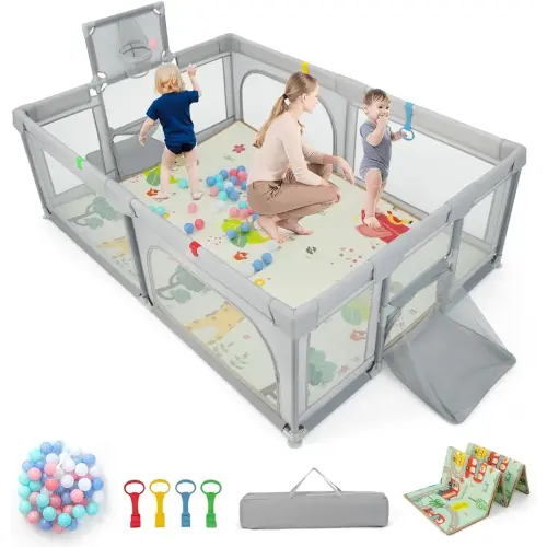 Costzon Large Baby Playpen with Mat, 81'' x 57'' Playpen for Babies and Toddlers w/Basketball Hoop & Soccer Nets, Pull Rings & Ocean Balls, Zippered Gates, Portable Indoor Safety Sturdy Play Yard