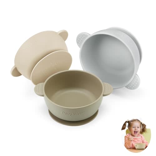 PandaEar 3 Pack Baby Bowls with Suction| Stay Put Silicone Food Bowl for Babies Kids Toddlers Infants| Food Grade Soft Safe BPA-Free Silicone (Brown Grey Tan)