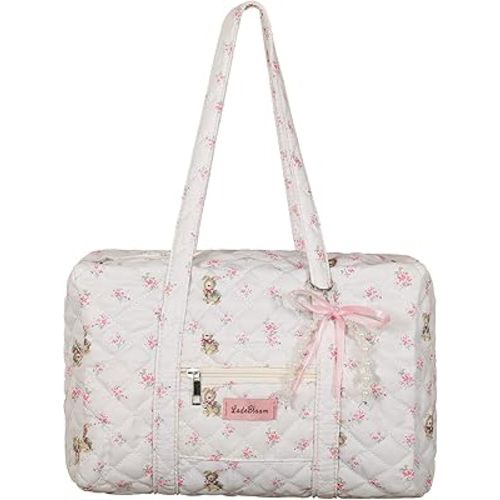 Coquette Bag with Bow Keychain White Pink Floral Travel Duffel Bag for Women Sweetly Bunny Handbag Cute Quilted Puffer Bags Shoulder Purse Carry on Bags for Travel Family Trip Christmas Gifts Business