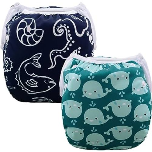 ALVABABY Swim Diapers 2pcs Baby Toddler Infant Snap One Size Reusable Adjustable Washable Baby Shower Gifts 0-2 Years Old Boys Swim Diaper SW18-21