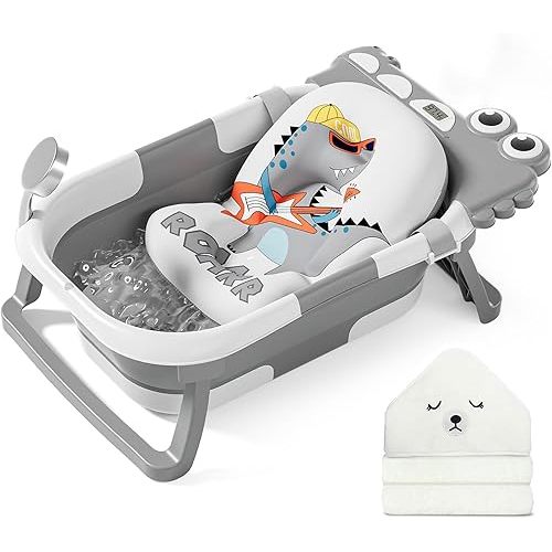 MoreFeel Collapsible Baby Bathtub for Newborn with Thermometer & 1 Hooded Towel & 1 Soft Floating Cushion,Portable Travel Bathtub with Drain Hole, Durable Foldable Baby Tubs for Infants to Toddler