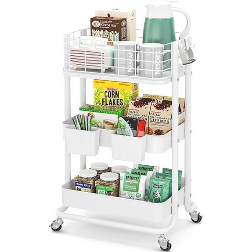 KINGRACK 3 Tier Rolling Cart, Metal Mobile Storage Shelf with Lockable Wheels, Prevent Falling Utility Trolley Cart, Storage Organizer for Kitchen, Office, Bathroom, Dorm, White