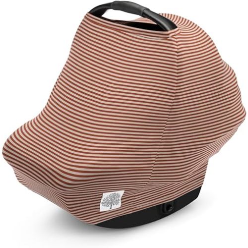 Parker Baby 4 in 1 Car Seat Cover for Girls and Boys - Stretchy Carseat Canopy, Nursing Cover, Grocery Cart Cover, High Chair Cover - "Clay/Alpaca Stripes"