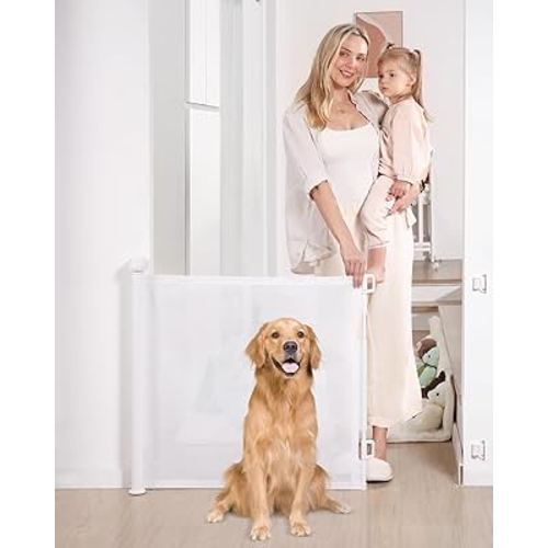 Likzest Retractable Baby Gate, Mesh Baby and Pet Gate 33" Tall, Extends up to 55" Wide, Child Safety Baby Gates for Stairs Doorways Hallways, Dog Gate Cat Gate for Indoor and Outdoor (White)