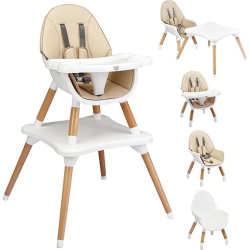 BABY JOY 5 in 1 High Chair, Convertible High Chairs for Babies and Toddlers/Booster Seat/Table and Chair Set, Infant Wooden Highchair w/ 5-Point Harness, 4-Position Removable Tray & PU Cushion (Khaki)