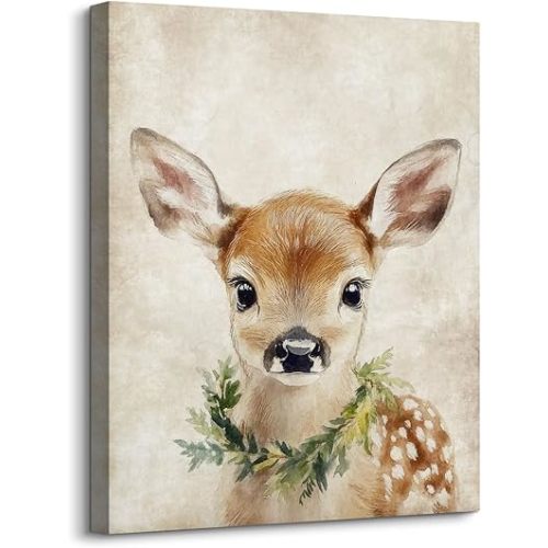 Cute Deer Baby Wall Art for Baby Nursery Décor Retro Sika Deer Wearing Wreath Picture Painting Wild Animal Portrait Artwork for Kids Bedroom Bathroom Farmhouse Home Office Decoration 12"x16"