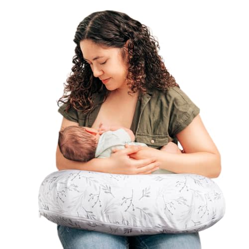 Boppy Nursing Pillow - Ergonomic Bottle & Breastfeeding Pillow with High, Firm, Large Area, Water-Repellent Cushion with Washable Cover; Baby Safety Alliance Verified - Gray Gentle Leaves