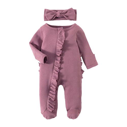 Newborn Baby Girl Ruffle Romper Knit Sweater Onesie Jumpsuit Long Sleeve Zipper Onesie Solid Fall Winter Outfits