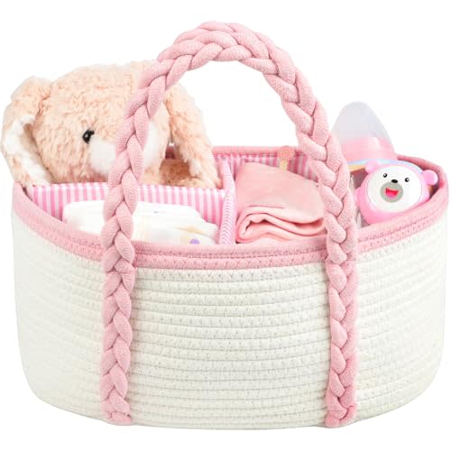 Baby Diaper Caddy, Portable Diaper Organizer for Changing Table, Car Travel Girls Shower Gifts Newborn Essentials, Cotton Rope Nursery Storage Basket for Girls (White＆Pink)