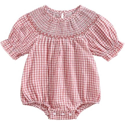 Infant Baby Girl Plaid Bubble Romper Clothes Daisy Embroidery Short Sleeve Smocked Bodysuit Summer Outfit (Khaki, 6-9 Months)