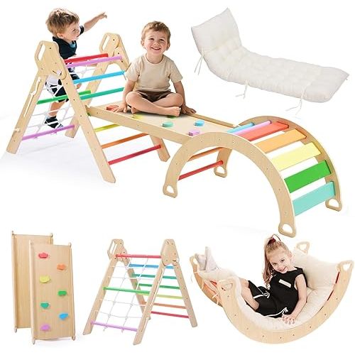 Pikler Triangle Climbing Set with Cushion, 7 in 1 Foldable Wooden Climbing Toys for Toddlers 1-3, Montessori Indoor Playground Toddler Jungle Gym with Ramp & Arch, Rainbow