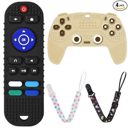 2PCS Silicone Baby Teething Toys, Remote Control Shape Teething Toys and Game Controller Teether Toy with 2PCS Pacifier Clip, BPA Free Silicone Remote Teether for Baby 3+ Months,Frozen(Black&Beige)