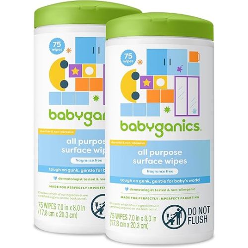 Babyganics All Purpose Surface Wipes, 75 ct, Plant Based and Non-Abrasive, No Ammonia, No Bleach, Packaging May Vary