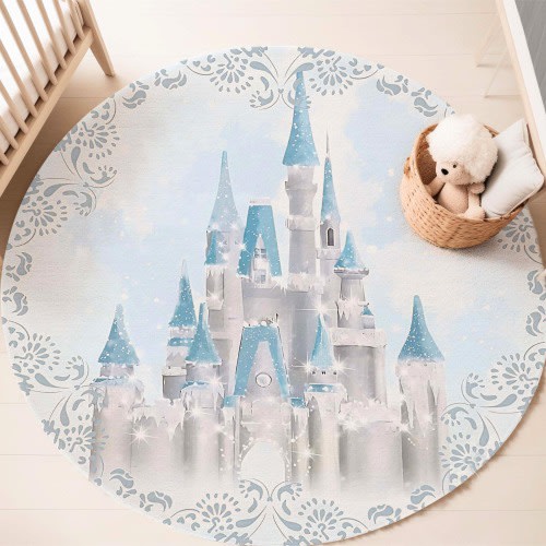 Blue Princess Castle Rug, Fairy Tale Nursery Round Carpet, Baby Shower Gift, Baby Room Decor, Kids Room Circle Playmat, Kids Birthday Gift