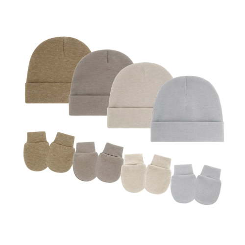 Set of 4 Infant Hospital Hat and Gloves Comfortable Fit Stretchy Cotton Bonnet Cap Keeps Baby Warm Cosy Unisex Design