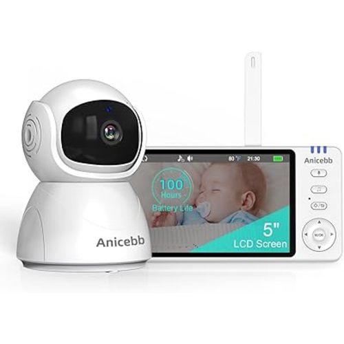 5" HD Video Baby Monitor with Camera and Audio, No WiFi Hack-Proof Security, Remote Pan-Tilt-Zoom, 100-Hour Battery Life in VOX Mode, 1000ft Range, Night Vision, Temperature & Cry Alerts